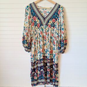 Ott Dress Womens Medium Boho Floral Puff Sleeve Empire Waist Midi Flowy